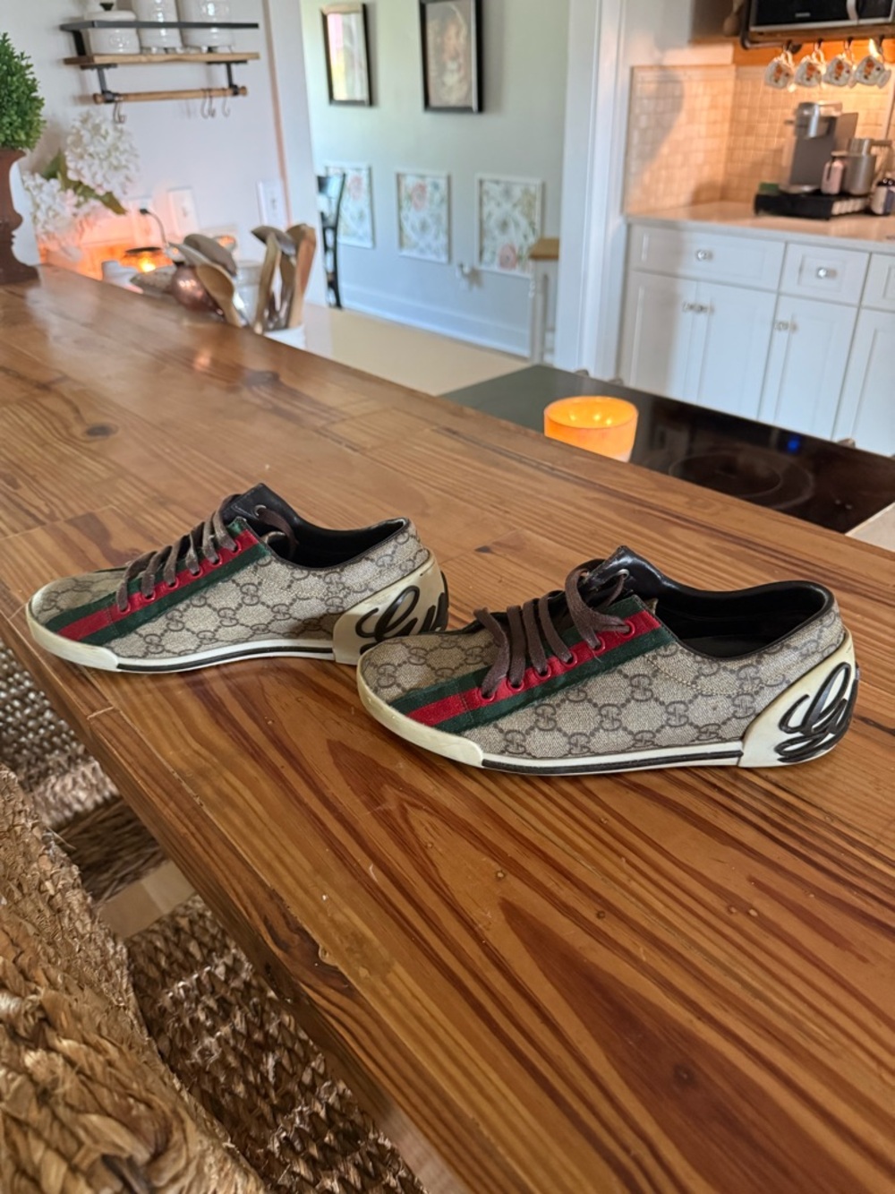 Gucci Beige Monogram Sneakers with Red and Green Stripe